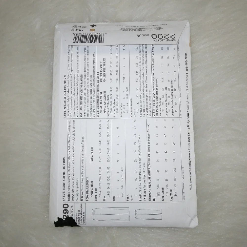SIMPLICITY 2290 Lounge Pants, Learn to Sew, child, teen adult sizing.